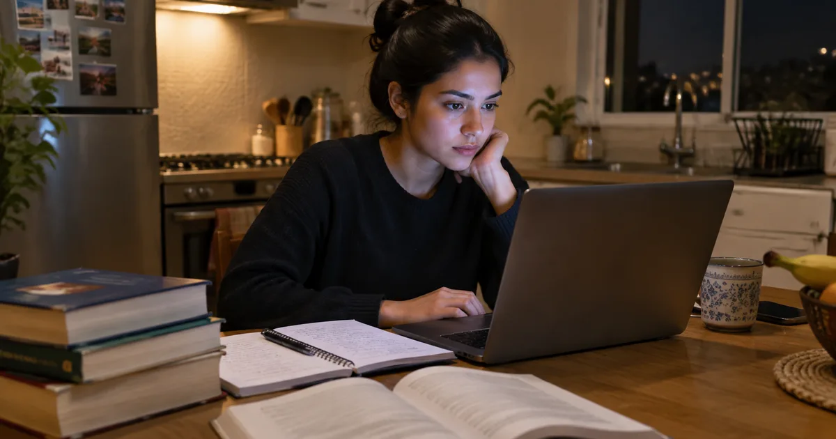Imagen generada con IA: persona estudiando con una laptop y libros en la mesa de una cocina por la noche (escena ilustrativa con personas ficticias)