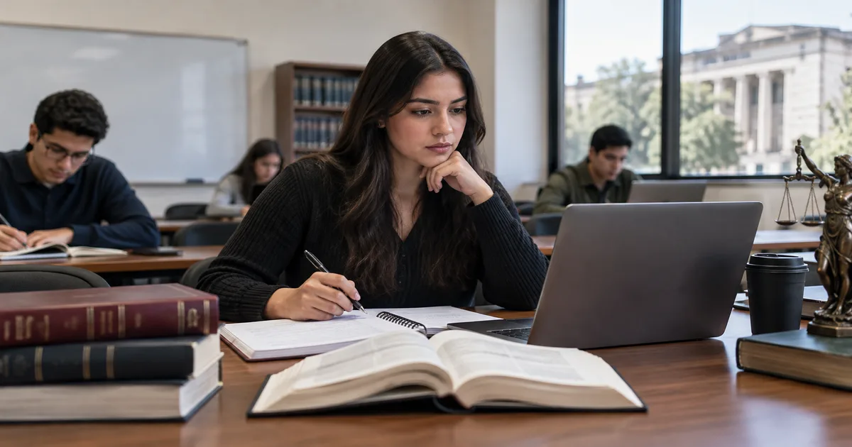 Persona revisando un folleto de programa académico con lupa