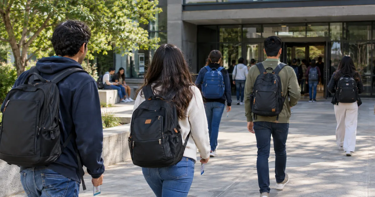 Imagen generada con IA: personas llegando con mochilas y credenciales al patio de un edificio universitario (escena ilustrativa con personas ficticias)