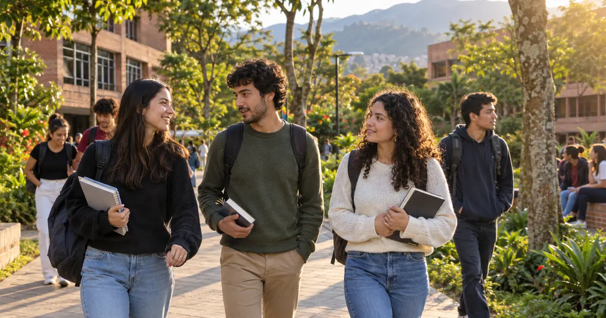 Imagen generada con IA: estudiantes con libros caminan por un campus con árboles (escena ilustrativa con personas ficticias)