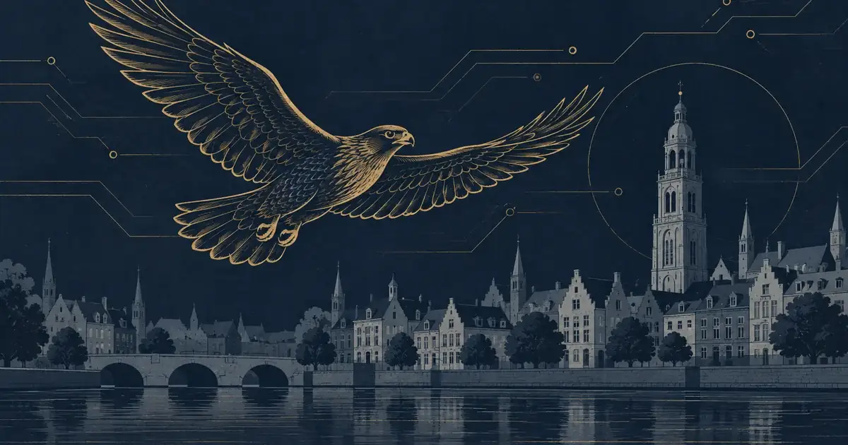 Ilustración de un halcón dorado volando sobre una ciudad belga junto a un río