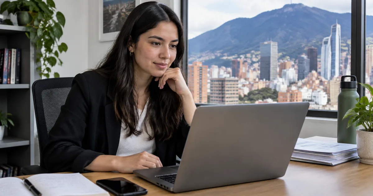 Imagen generada con IA: una mujer ante un portátil en una oficina con vistas a una ciudad rodeada de montañas (escena ilustrativa con personas ficticias)