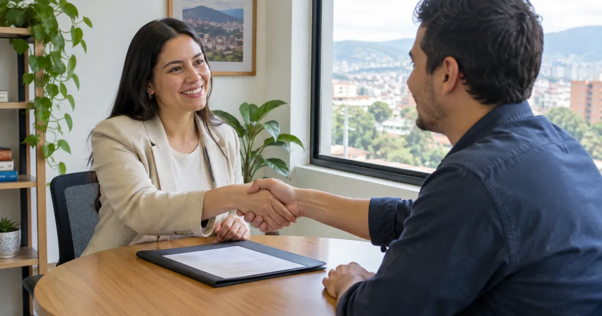 Imagen generada con IA: una mujer y un hombre se dan la mano sobre una mesa en una oficina con vistas a una ciudad rodeada de montañas (escena ilustrativa con personas ficticias)