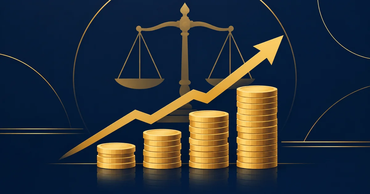AI-generated image: illustration of scales of justice and a rising arrow over stacks of coins