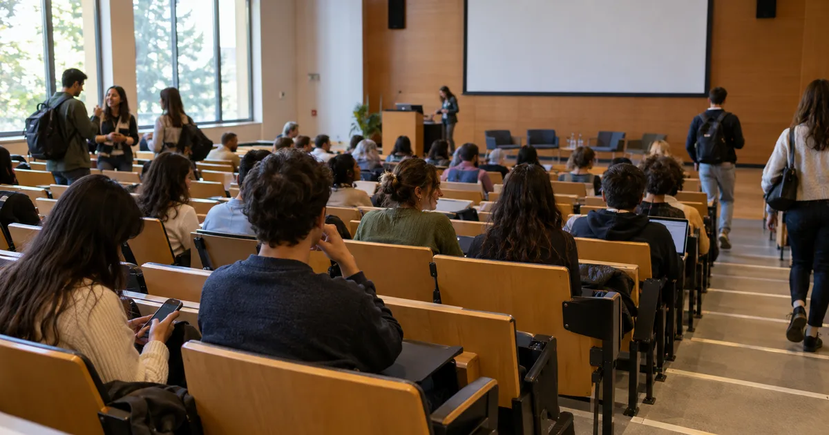 Imagen generada con IA: auditorio universitario con asistentes antes de una charla (escena ilustrativa con personas ficticias)