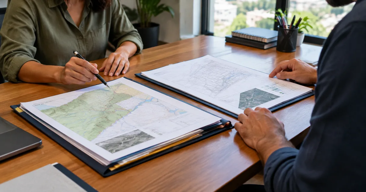 Imagen generada con IA: dos carpetas de documentos con mapas y planos sobre el escritorio de una oficina