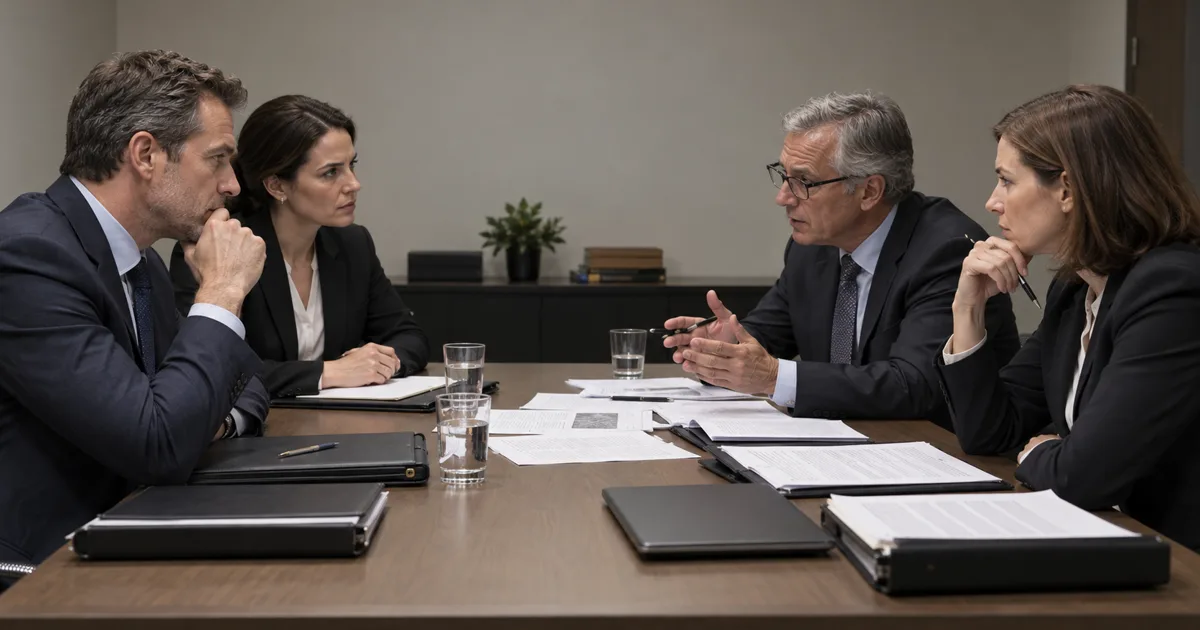 Imagen generada con IA: socios de un despacho reunidos en una sala de reuniones con documentos; escena ilustrativa con personas ficticias