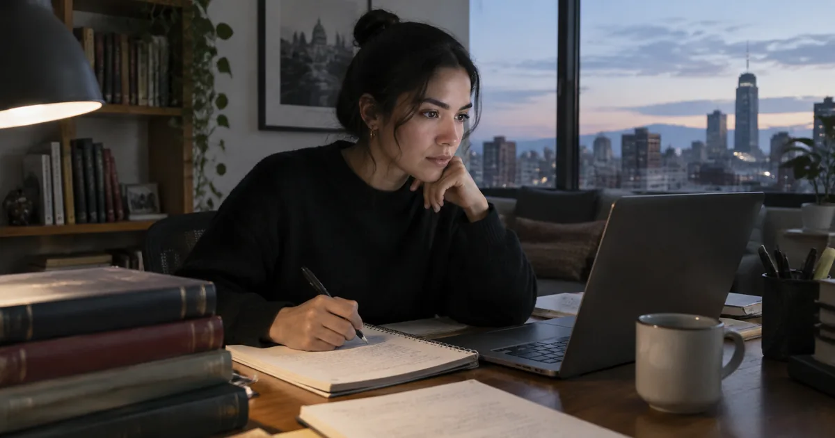 Imagen generada con IA: persona estudiando con una laptop y apuntes en una mesa de trabajo (escena ilustrativa con personas ficticias)