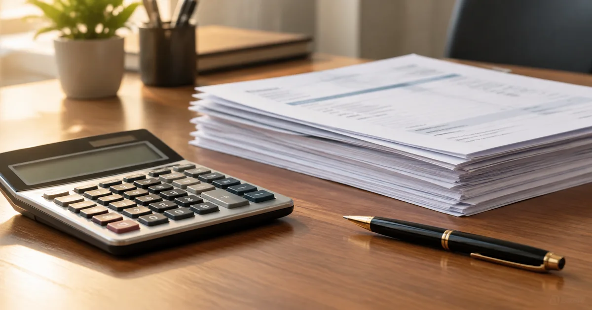 Calculadora, facturas y calendario sobre un escritorio de oficina