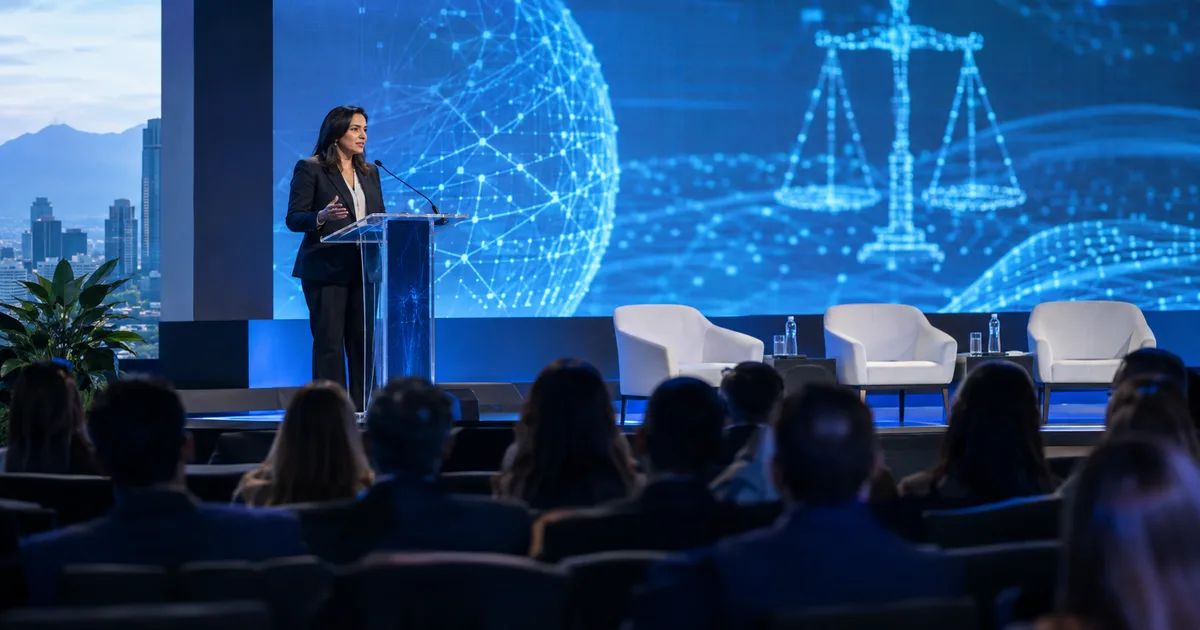 Mesa de trabajo con laptops en un evento profesional de tecnología legal