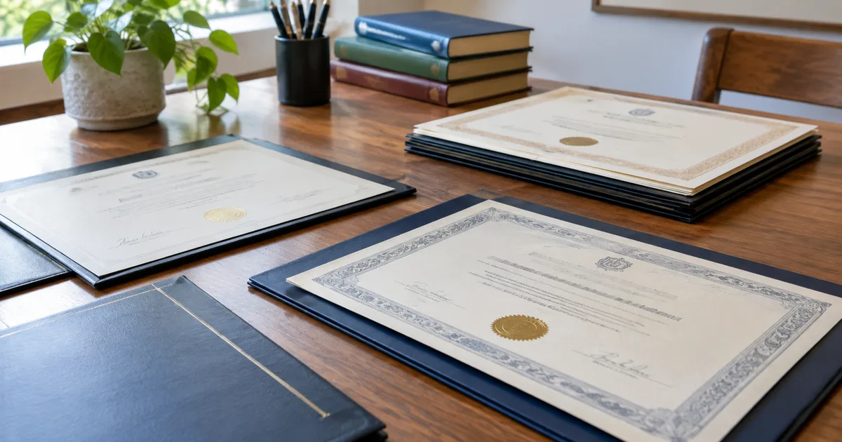 Imagen generada con IA: diplomas y certificados ordenados sobre un escritorio de madera