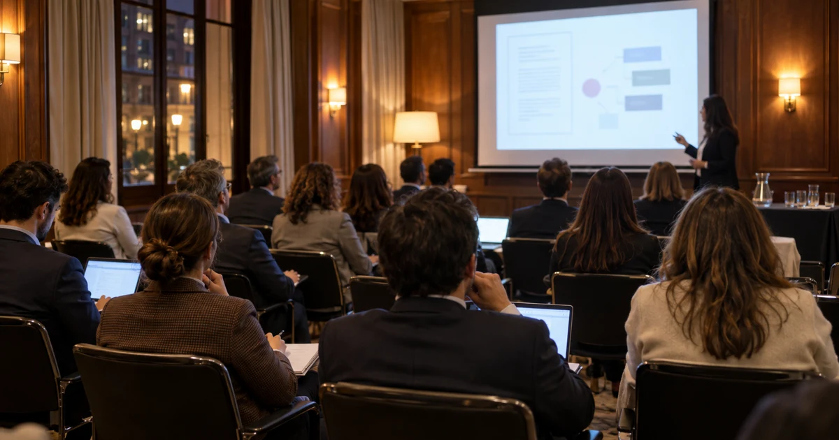AI-generated image (illustration, not a real photo of the event): bar association training room during a hands-on AI session