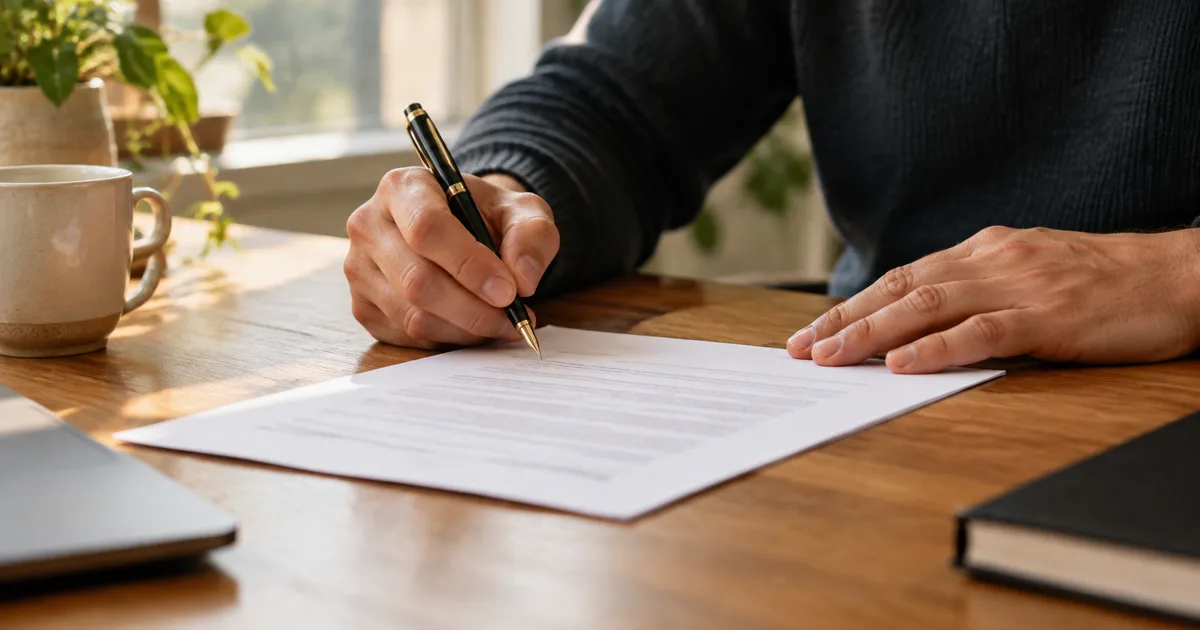 Imagen generada con IA: mano firmando un documento con una pluma sobre un escritorio de madera