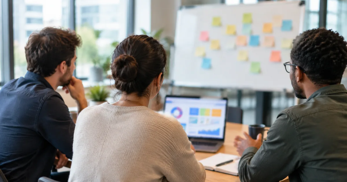 AI-generated image: three professionals seen from behind facing a whiteboard with sticky notes and a laptop showing charts; illustrative scene with fictitious people