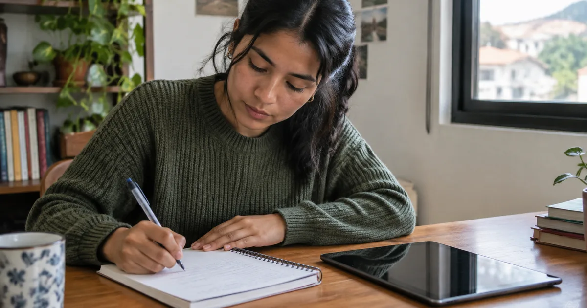 Imagen generada con IA: persona escribiendo a mano en un cuaderno junto a una tablet apagada (escena ilustrativa con personas ficticias)