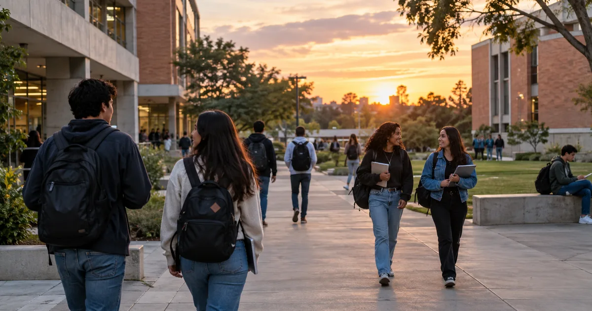 Imagen generada con IA: estudiantes caminando entre edificios de un campus universitario al atardecer (escena ilustrativa con personas ficticias)