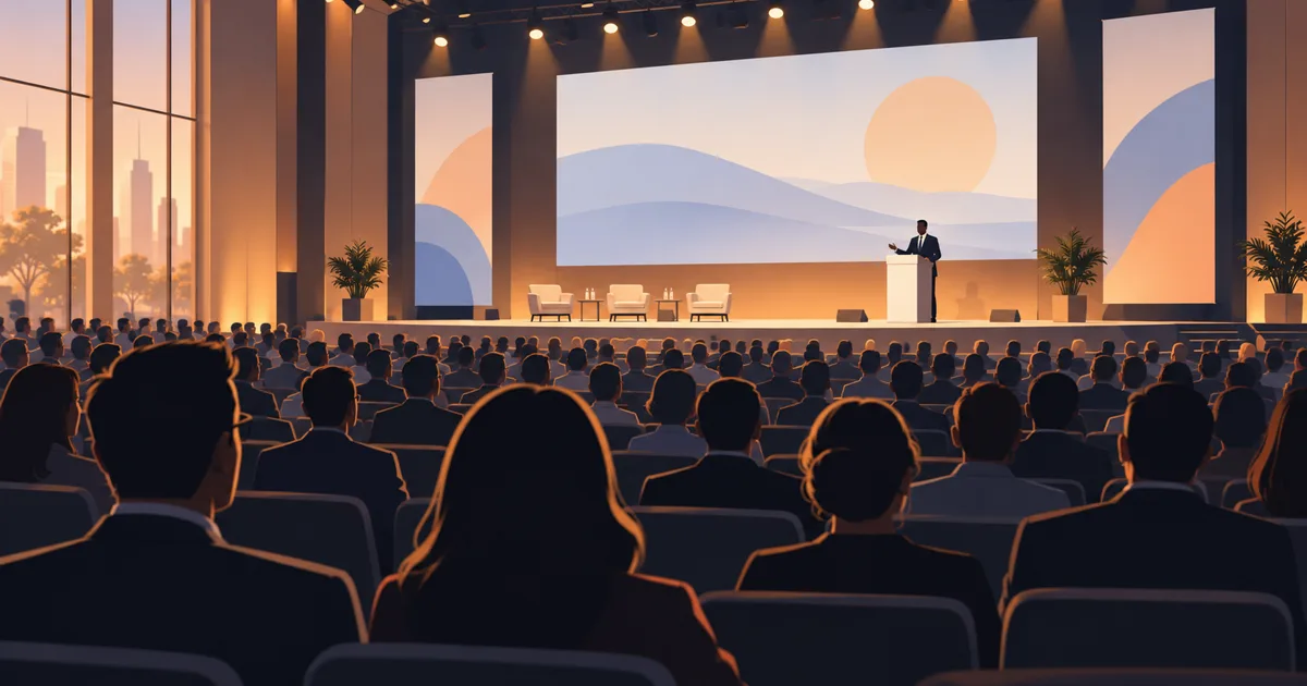 AI-generated image: illustration of an auditorium with an audience seen from behind and a speaker on stage; illustrative scene with fictitious people
