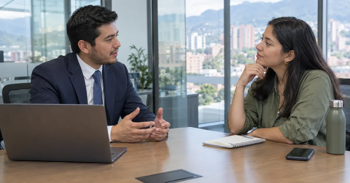 Imagen generada con IA: un hombre con traje y una mujer conversan en una mesa de reuniones con vistas a la ciudad (escena ilustrativa con personas ficticias)
