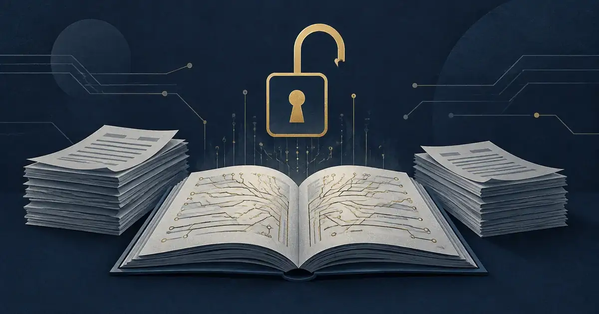Ilustración de un candado abierto sobre un libro con circuitos entre dos pilas de documentos