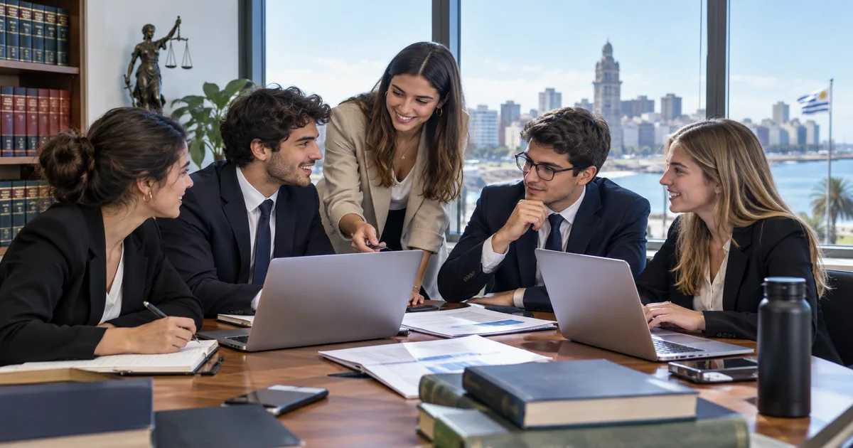 Equipo de jóvenes abogados trabajando juntos con portátiles en una mesa