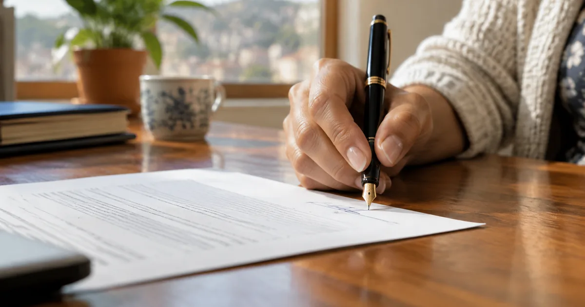Imagen generada con IA: una mano firma un documento con una pluma estilográfica sobre un escritorio de madera (escena ilustrativa con personas ficticias)