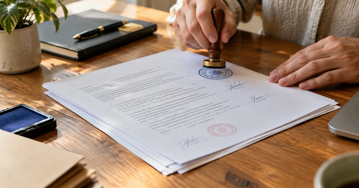 Imagen generada con IA: documentos con sellos y firmas sobre un escritorio