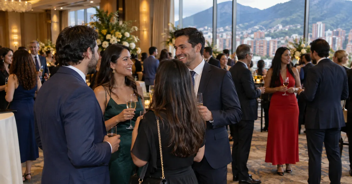 Imagen generada con IA: personas conversan con copas en una recepción en una sala con vistas a la ciudad (escena ilustrativa con personas ficticias)