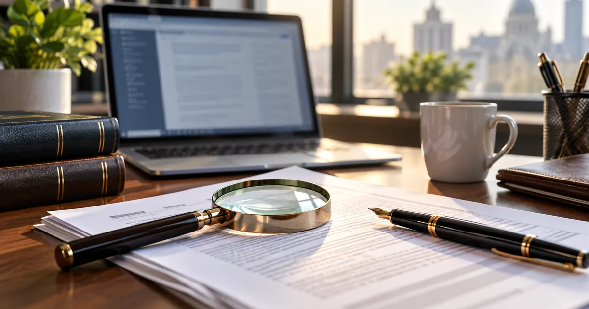 AI-generated image: magnifying glass and pen on documents next to a laptop