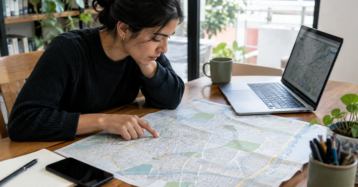 Imagen generada con IA: persona revisando un plano urbano impreso sobre una mesa con una laptop al lado (escena ilustrativa con personas ficticias)