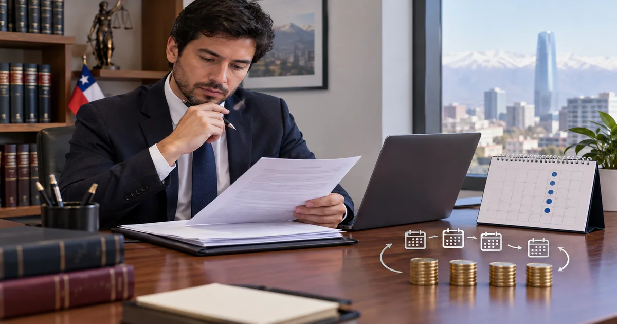 Abogado revisando documentos junto a un calendario de pagos mensuales y monedas