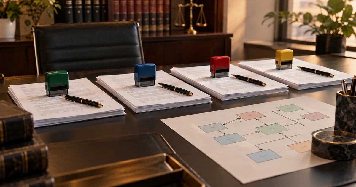 Imagen generada con IA: documentos con sellos de colores y un diagrama de flujo de aprobaciones