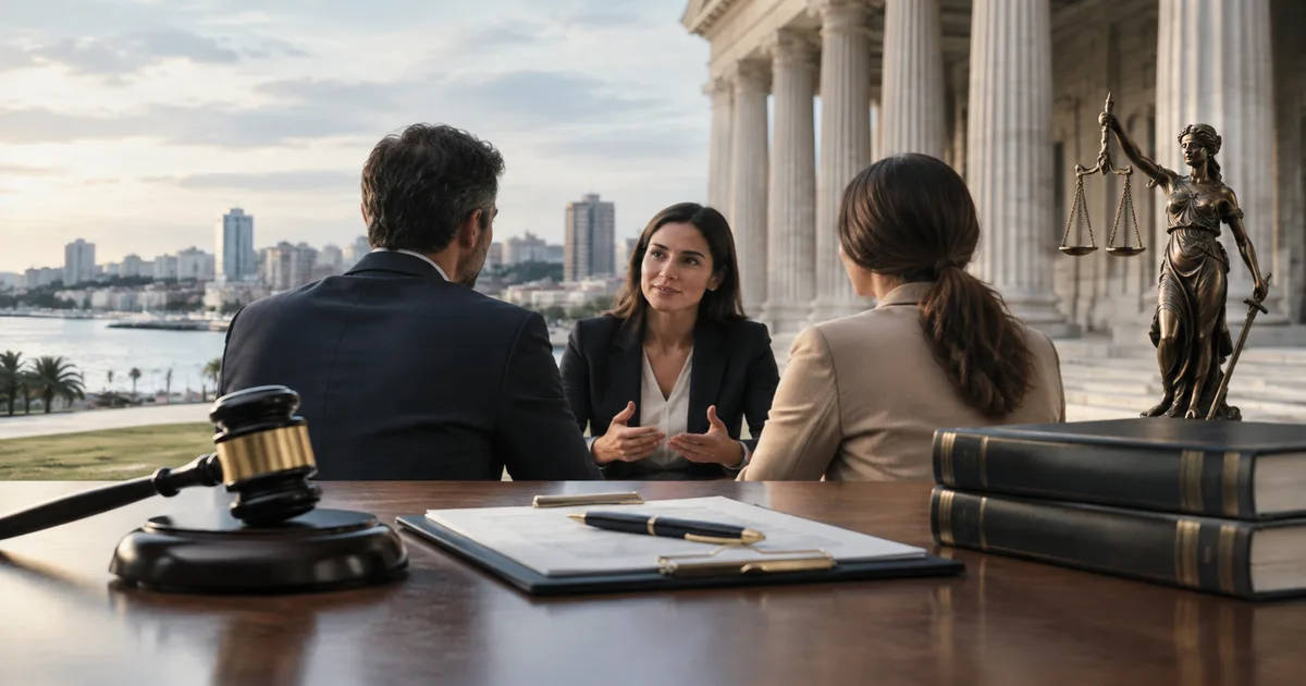 Dos personas en una mesa de negociación con una mediadora