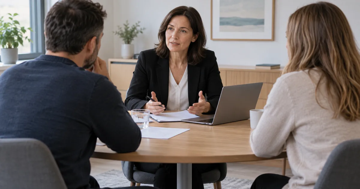 AI-generated image: mediator with two people at a meeting table with a laptop; illustrative scene with fictitious people