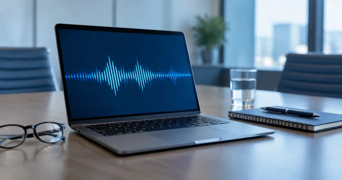 Laptop grabando una reunión con indicador de transcripción en pantalla