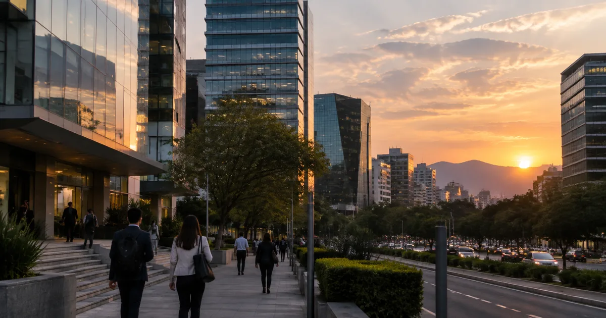Imagen generada con IA: edificios de oficinas en el sur de Ciudad de México al atardecer
