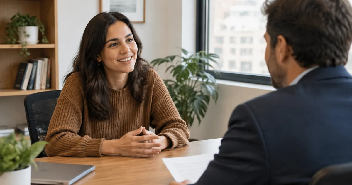 Imagen generada con IA: dos personas conversando en una oficina durante una entrevista de trabajo (escena ilustrativa con personas ficticias)