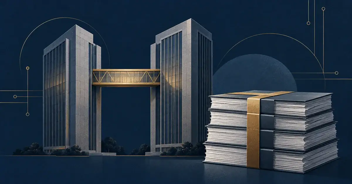 Ilustración de dos torres unidas por un puente dorado junto a una pila de documentos encuadernados