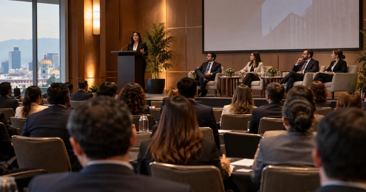 Sala pequeña con sillas ordenadas y un atril preparado para una charla