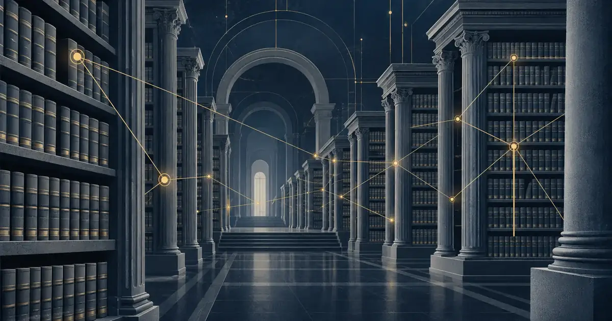 AI-generated image: library with a golden network of connected nodes