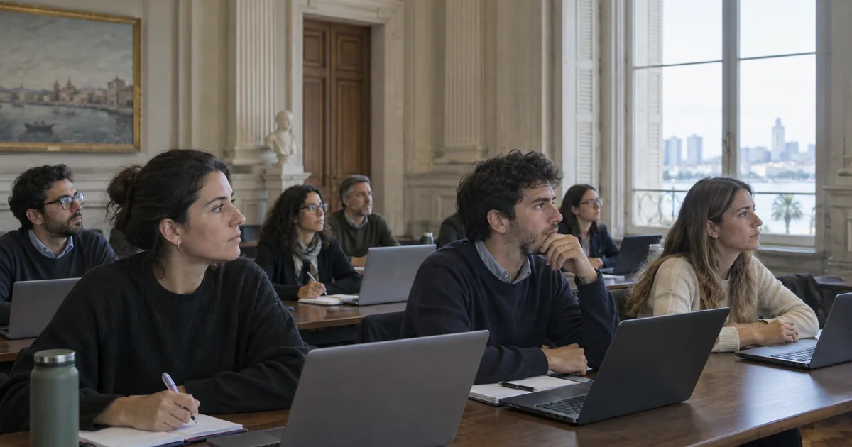 Imagen generada con IA: sala de capacitación con notebooks y pocas personas (escena ilustrativa con personas ficticias)