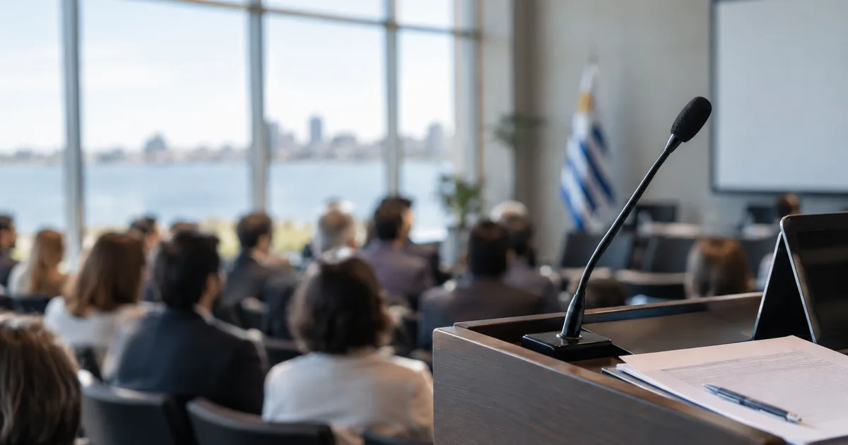 Orador exponiendo en una jornada de derecho en Uruguay