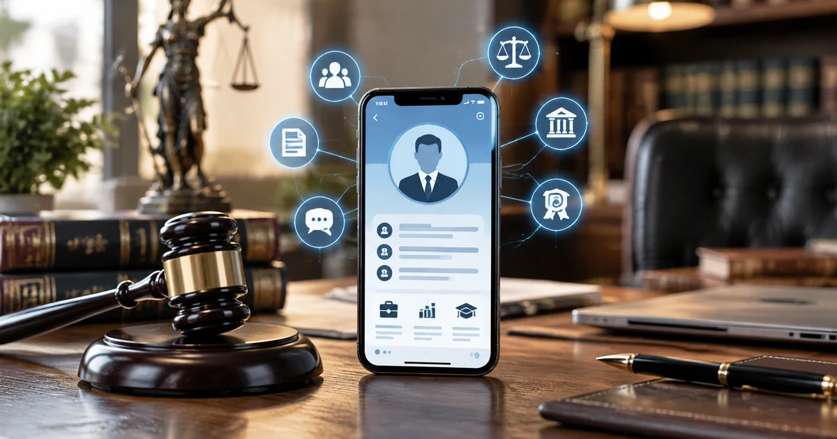 Imagen generada con IA: móvil con un perfil profesional genérico en pantalla e iconos de red flotando