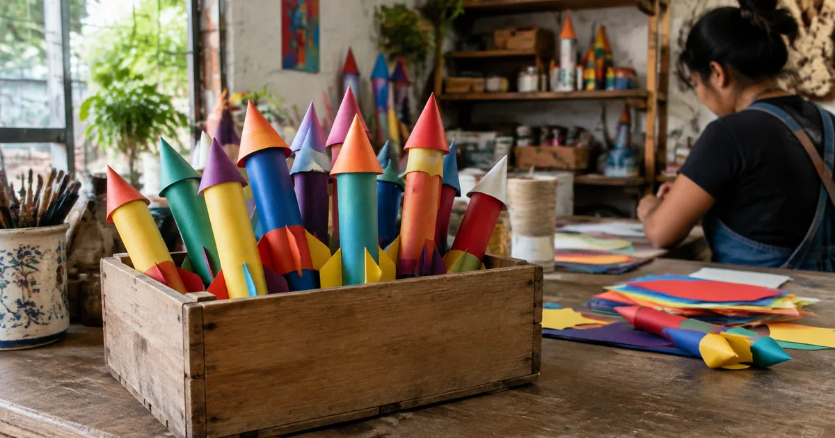 Imagen generada con IA: cohetes de papel de colores guardados en un taller artesanal
