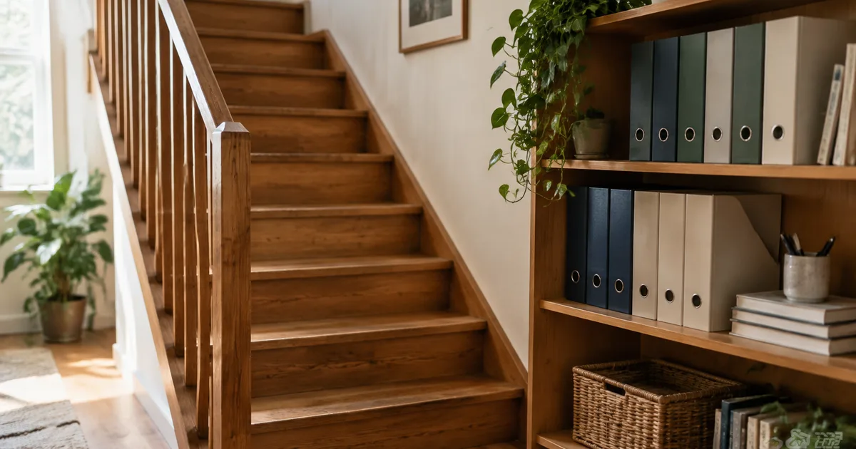 Imagen generada con IA: escalera de madera junto a una estantería con carpetas
