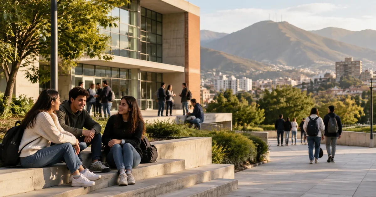 Imagen generada con IA: edificio universitario en una ciudad de Chile con cerros al fondo