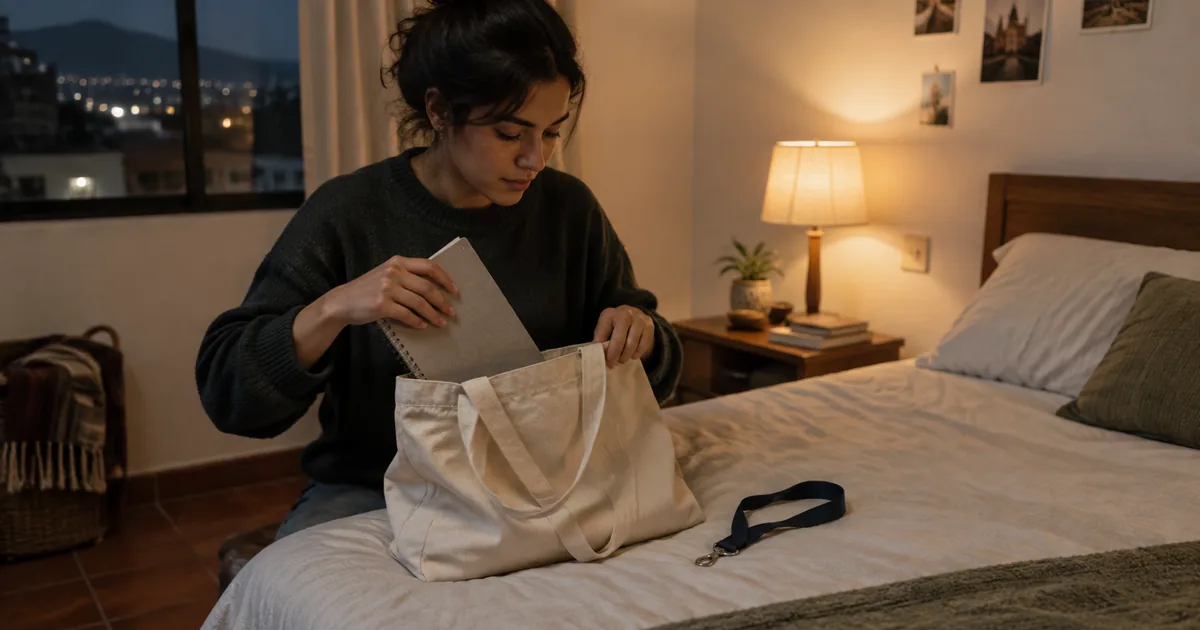 Imagen generada con IA: agenda y credencial sobre un escritorio junto a una mochila