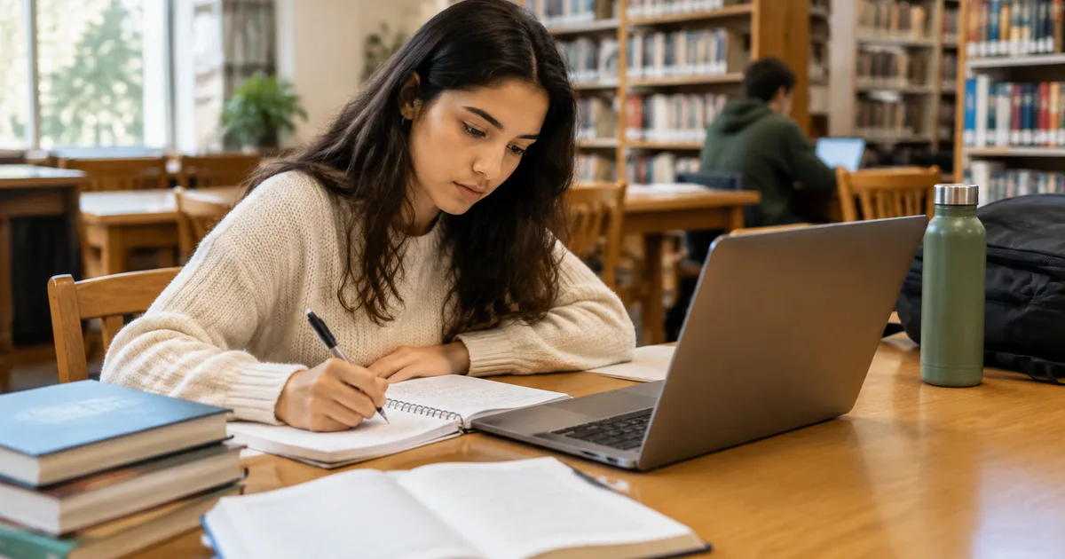 Imagen generada con IA: persona estudiando con apuntes y una computadora en una biblioteca (escena ilustrativa con personas ficticias)