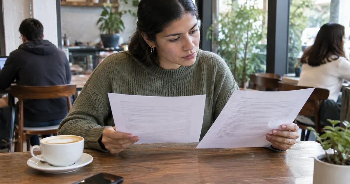 Imagen generada con IA: persona comparando dos documentos impresos en una mesa de café (escena ilustrativa con personas ficticias)