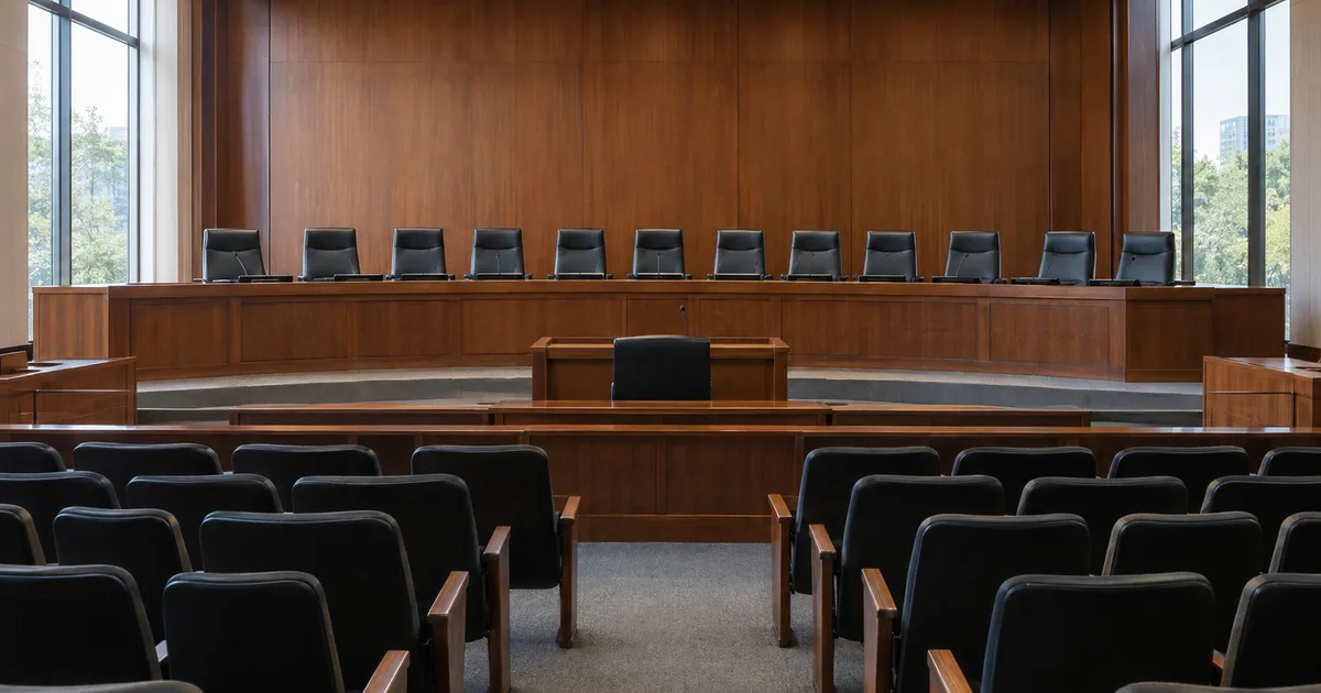 Imagen generada con IA: pleno de una sala de tribunal vista desde el fondo, con once sillones vacíos