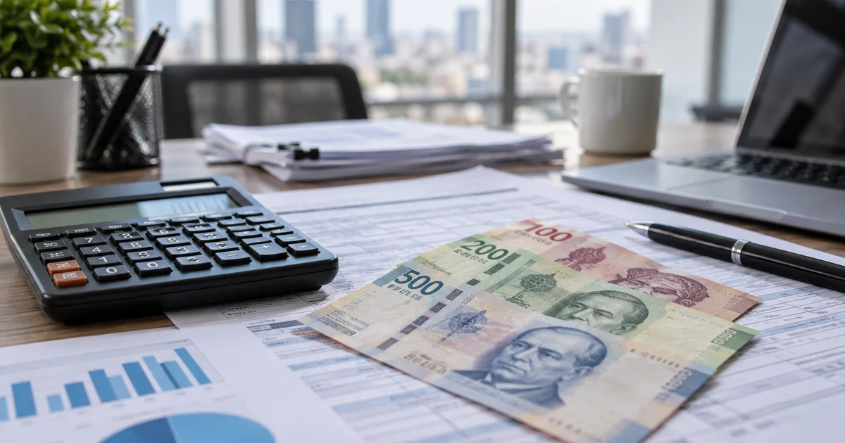Calculadora y documentos fiscales sobre un escritorio